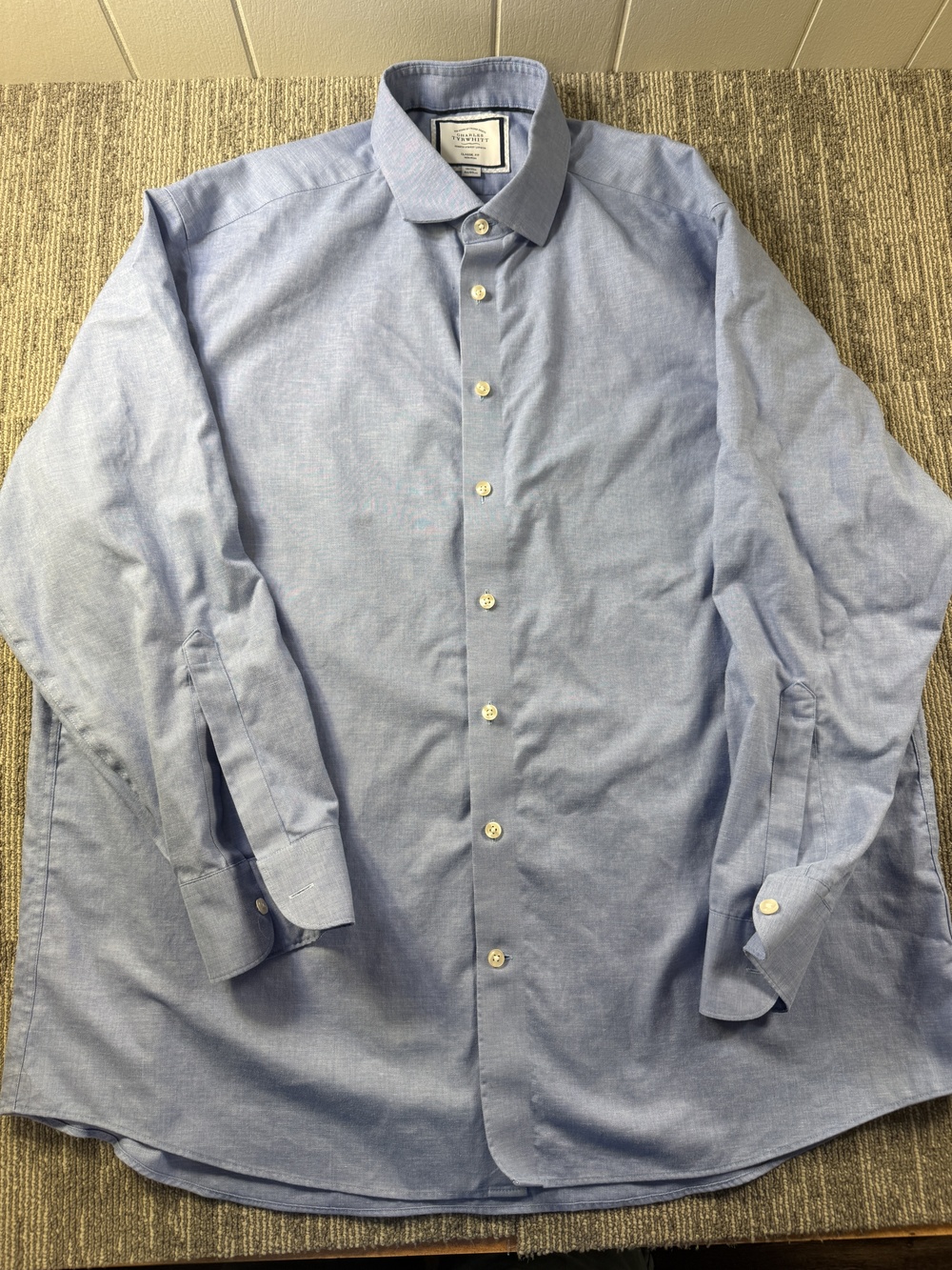 Charles Tyrwhitt Dress Shirt Mens 18 34/35 Blue Solid Classic Fit Non Iron LS